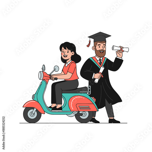 Cartoon vector illustration of a man riding a scooter as a fun and simple transportation scene