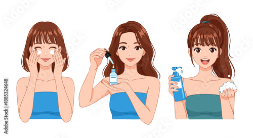 Skincare routine vector illustration of a woman applying serum and cleansing face with foam