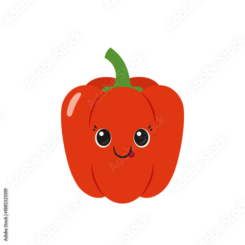 Cartoon red bell pepper, cute and fun vegetable, sweet pepper character, big eyes, emotions joy delight, happy smiling face, kawaii style, vector children's illustration.