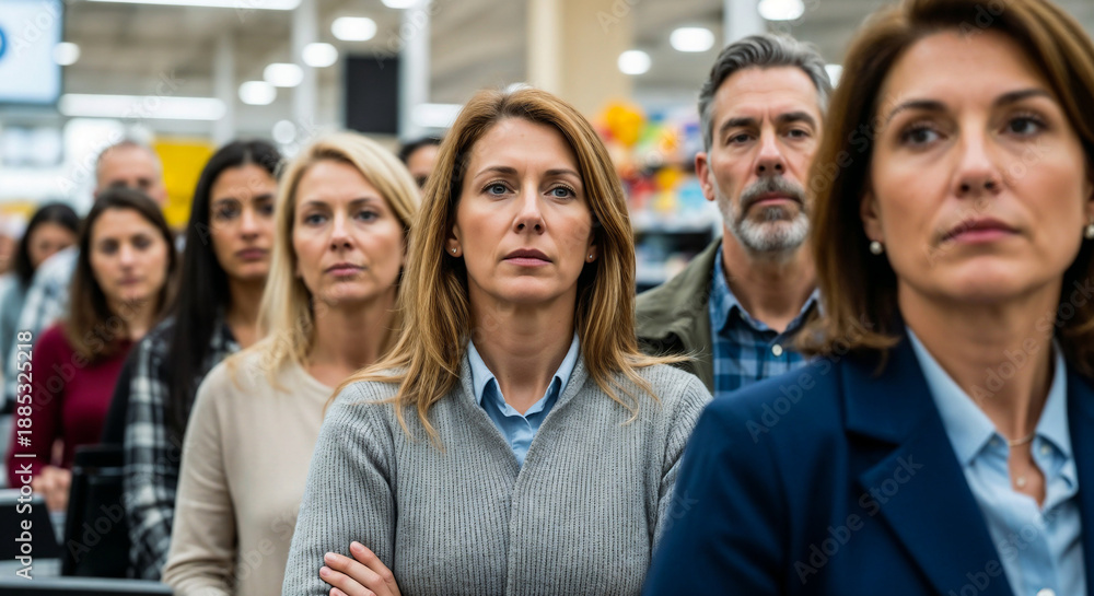 Obraz premium Busy checkout line symbolizing stress and consumer culture