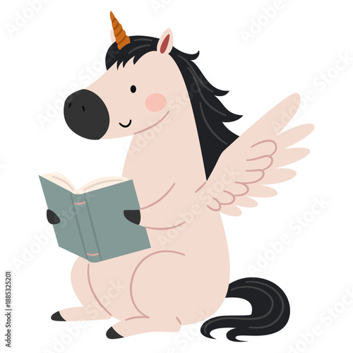 A cute pegasus unicorn sits and reads a book. Flat vector illustration in a simple children's style. Vector illustration