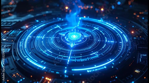 Futuristic Tech Interface: Glowing Blue Compass and Data Visualization.