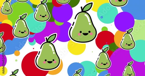 Animation of smiling pears moving over colourful spots on white