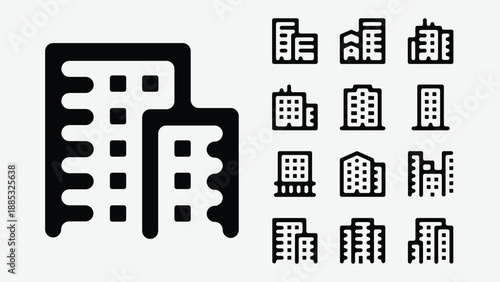 Residential flats and apartment building icons set