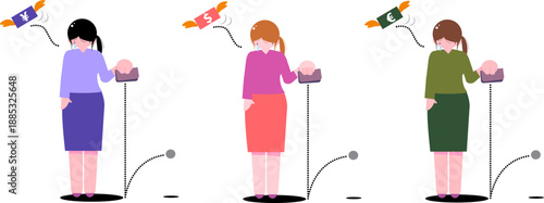 Sad woman set with money flying away from wallet (Yen, Dollar, Euro, Inflation, Expense concept)