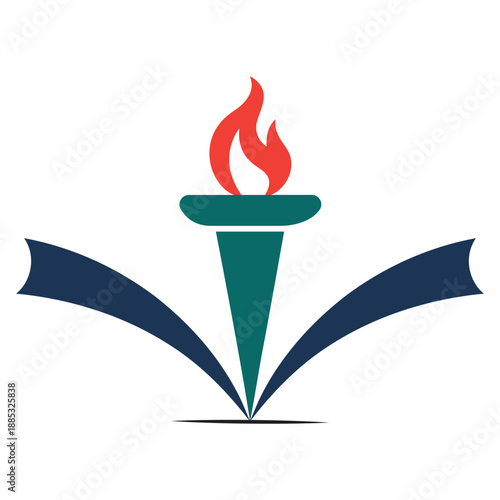 A minimalistic emblem of an open book with a burning torch, symbolizing education and enlightenment