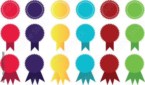 Collection of colorful award ribbons and rosettes badge