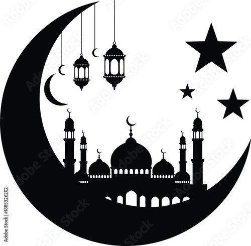 Professional vector silhouette of a mosque skyline inside a crescent moon with hanging lanterns and celestial stars.