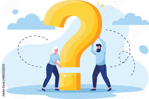 Teamwork and problem solving concept illustration featuring a man and woman lifting a large yellow question mark