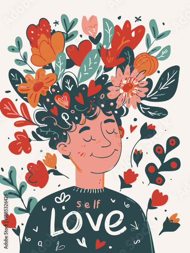 A peaceful illustration of a person practicing self-love, with colorful flowers and hearts blooming from their hair, symbolizing happiness and flourishing