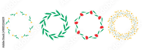 Set of cute floral round frames. Circular wreaths of flowers and herbs. Spring and summer round natural borders with copy space. Blank seasonal botanical rims, vector graphics