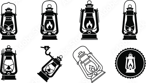 Lantern silhouettes vintage oil, kerosene, and gas lamps vector.  