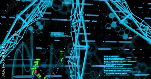 DNA strand and scientific data processing animation over hexagonal patterns