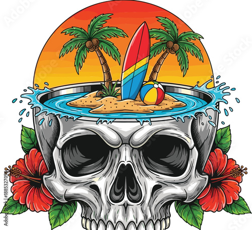 Vibrant vector illustration of a tropical beach island emerging from a skull cranium with sunset and hibiscus flowers.