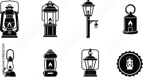 Lantern silhouettes vintage oil, kerosene, and gas lamps vector.  