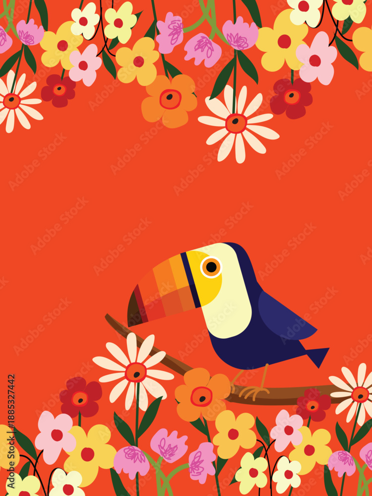 Obraz premium Toucan bird standing on a branch of tree vector illustration. Exotic birds for childrens design of prints, posters, cards.