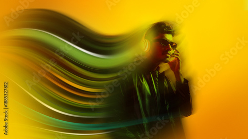 Tableau sur toile Modern poster abstract portrait of man wearing headphones with motion trails