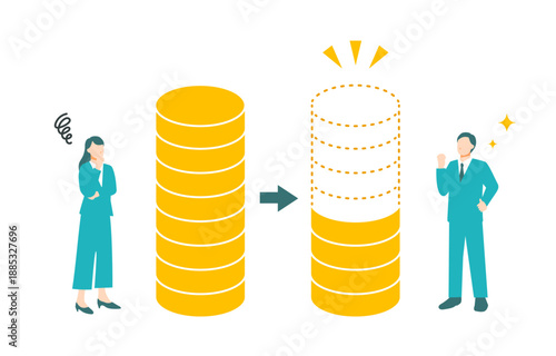 コストがかかって困る女性とコストカットされて喜ぶ男性のイラスト。フラットデザ