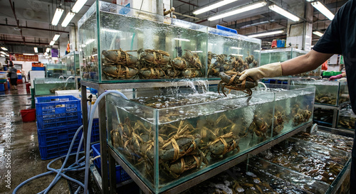 Worker placing live tied mud crabs into glass aquarium tanks at wholesale market