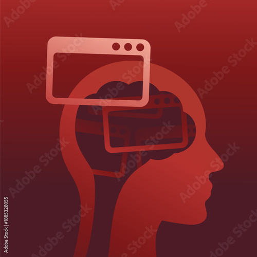 Human head filled with open tabs symbolizing mental overload and stress