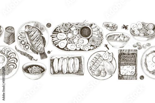 Indonesian cuisine seamless border vector