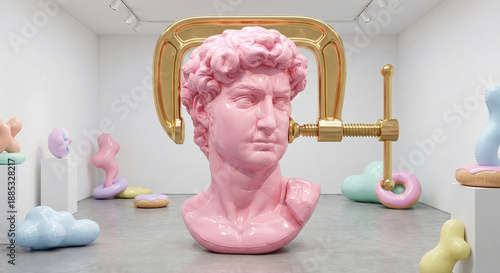 Surreal inflatable pink plastic statue head squeezed by golden clamp in gallery
