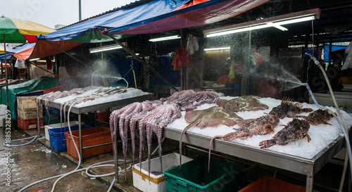 Fresh octopus, stingrays and scorpionfish on ice being sprayed with water at Asian wet market