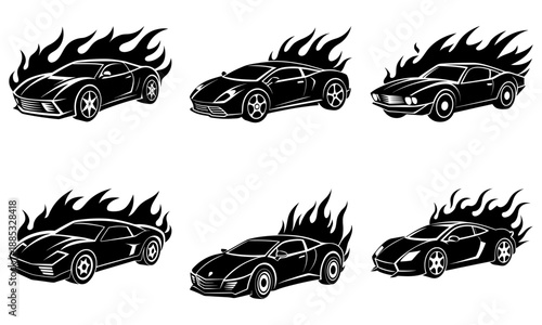 Various sports cars with flames illustration from different viewpoints on white