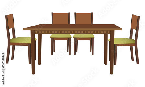 Wooden dining table with four chairs isolated on transparent background
