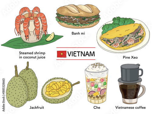 ベトナムの代表的な料理と名物グルメのイラストセット｜観光や旅行で楽しむベトナム食文化、海外グルメ