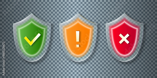 Set of 3 Glass colored protection shields on a transparent background