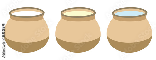 Clay pot set with different contents, simple illustration on white