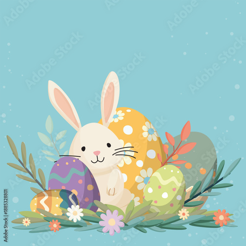 Cute Easter bunny and decorated eggs hand drawn style in the bush on light blue background