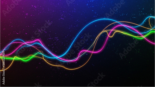 Vibrant neon waves undulate across a dark cosmic landscape viewed from a futuristic perspective