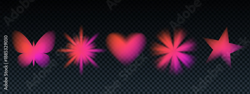 Gradient flower, butterfly, heart, and star set in pink-orange y2k glow. Abstract gradient flower y2k collection with blur, transparent bg, soft neon light, and luminous holographic dreamy effect.