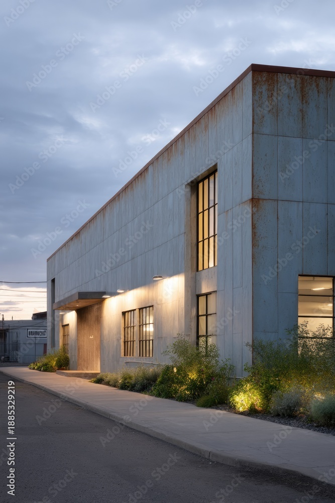 Fototapeta premium Modern industrial building features sleek lines and soft evening
