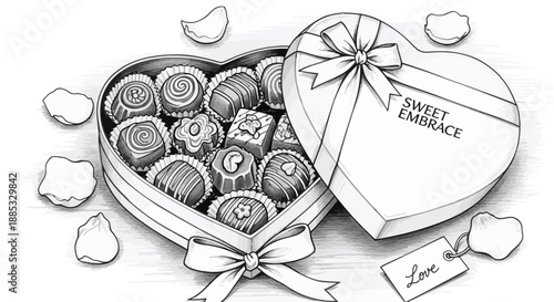 Beautifully detailed black and white sketch of an open heart shaped box filled with assorted gourmet chocolates and a small love tag.