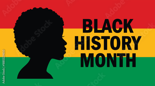 Black History Month poster with woman face vector illustration. African woman head in profile silhouette and red-gold-green Pan-African flag symbol. Template for background, banner, card