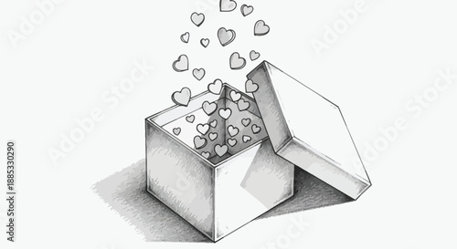 Hand drawn black and white sketch illustration depicts numerous small hearts seemingly overflowing or floating out of an open, square gift box conceptualizing love and affection.