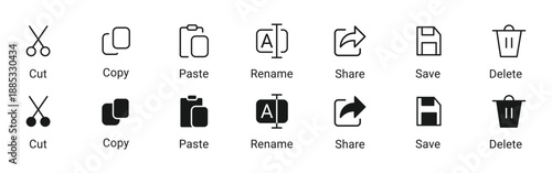 Edit Tools Icon Set. Cut Copy Paste Symbols. Clipboard Actions Collection, Vector Illustration.