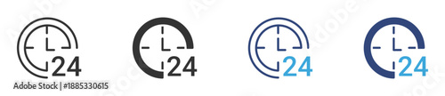24 Hours Icon Set. Time and Service Symbols. Clock Support Collection, Vector Illustration.