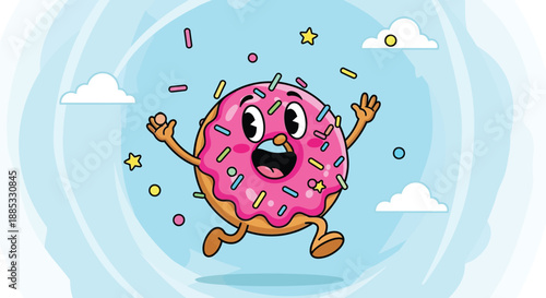 Animated happy pink frosted donut character with colorful sprinkles joyfully jumping through a light blue sky background with clouds and stars