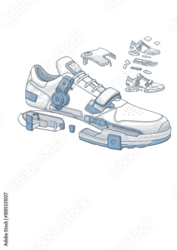 Modular Sneaker Design Silhouette, Repairable Sustainable Footwear Concept, 3D Printed Shoe Assembly and Circular Fashion Vector Art