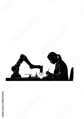 Collaborative Robot Cobot Craftsmanship Silhouette, Human and Robot Working Together, Future Artisan Workshop and Technology Vector