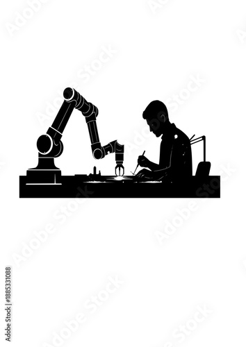 Collaborative Robot Cobot Craftsmanship Silhouette, Human and Robot Working Together, Future Artisan Workshop and Technology Vector