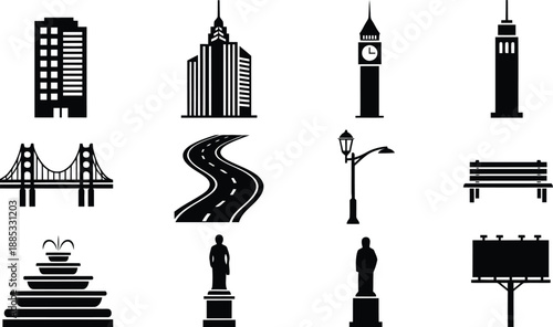 A comprehensive collection of black silhouette icons representing essential urban and city elements