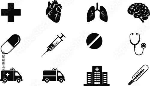 Collection of medical and healthcare icons representing various aspects of health and treatment