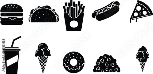 A collection of black silhouette icons representing various popular fast food items and snacks