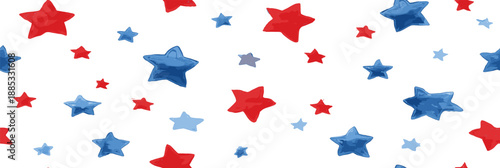 Red and blue stars forming a cheerful, seamless American flag inspired pattern. USA colors star pattern creating a patriotic background