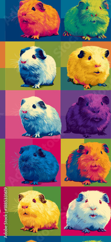Nine cute guinea pigs in a colorful pop art distinct grid pattern. Pop art guinea pig distinct pet portraits grid